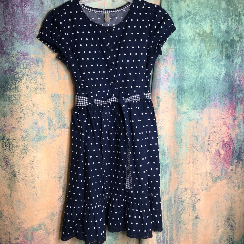📌Cherokee Polka Dots Cotton Teen Dress with Lace Hem